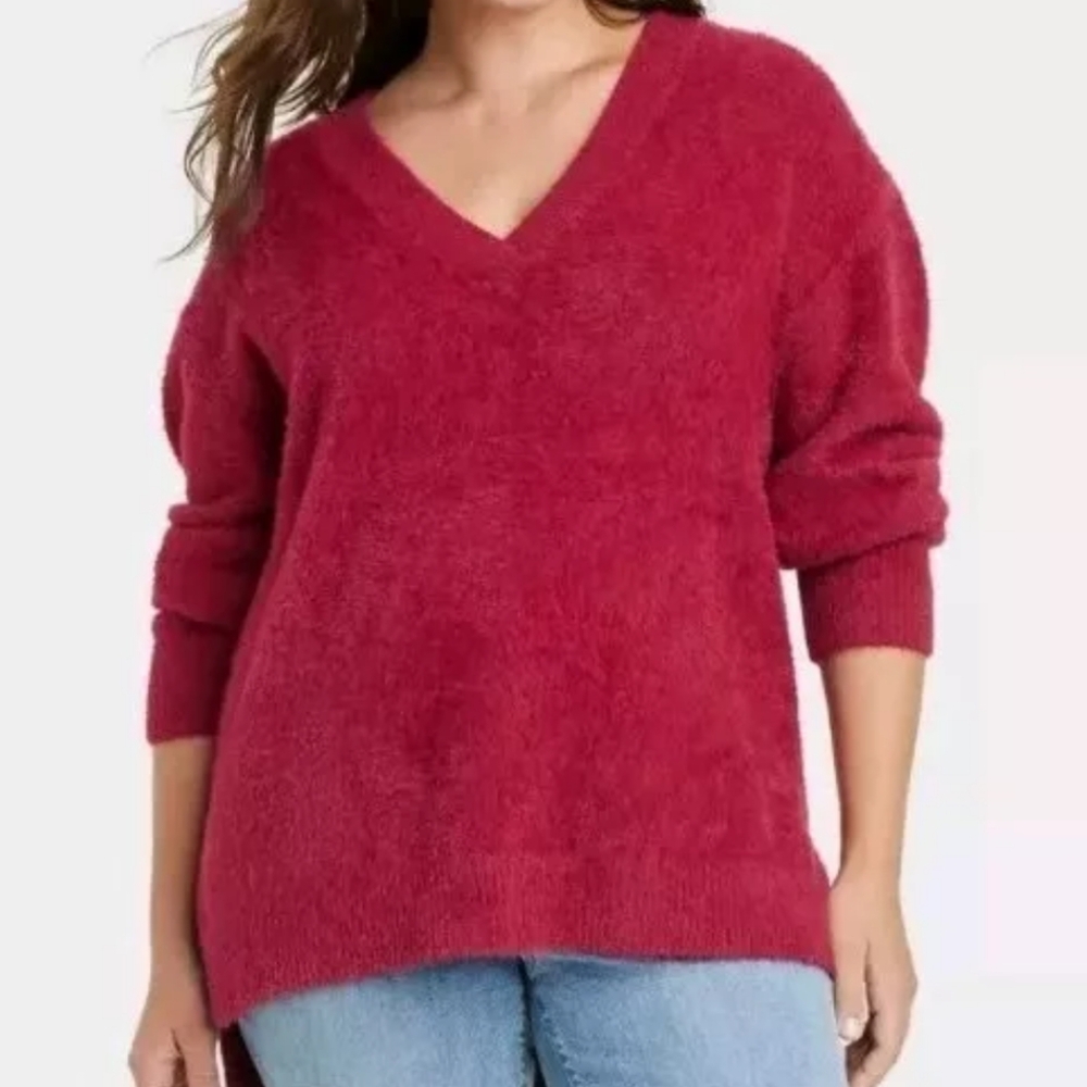 Ava Viv Tunic Sweater Woman 3X Holiday Fall Oversized V-Neck Red Fuzzy Knit Nwt